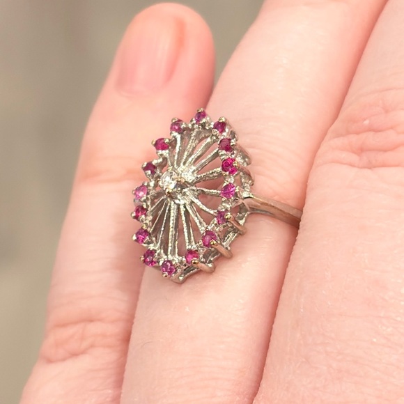 Vintage 14K PSCO Natural Ruby Diamond Ring Art Nouveau Size 7 Filigree Starburst - Picture 10 of 16